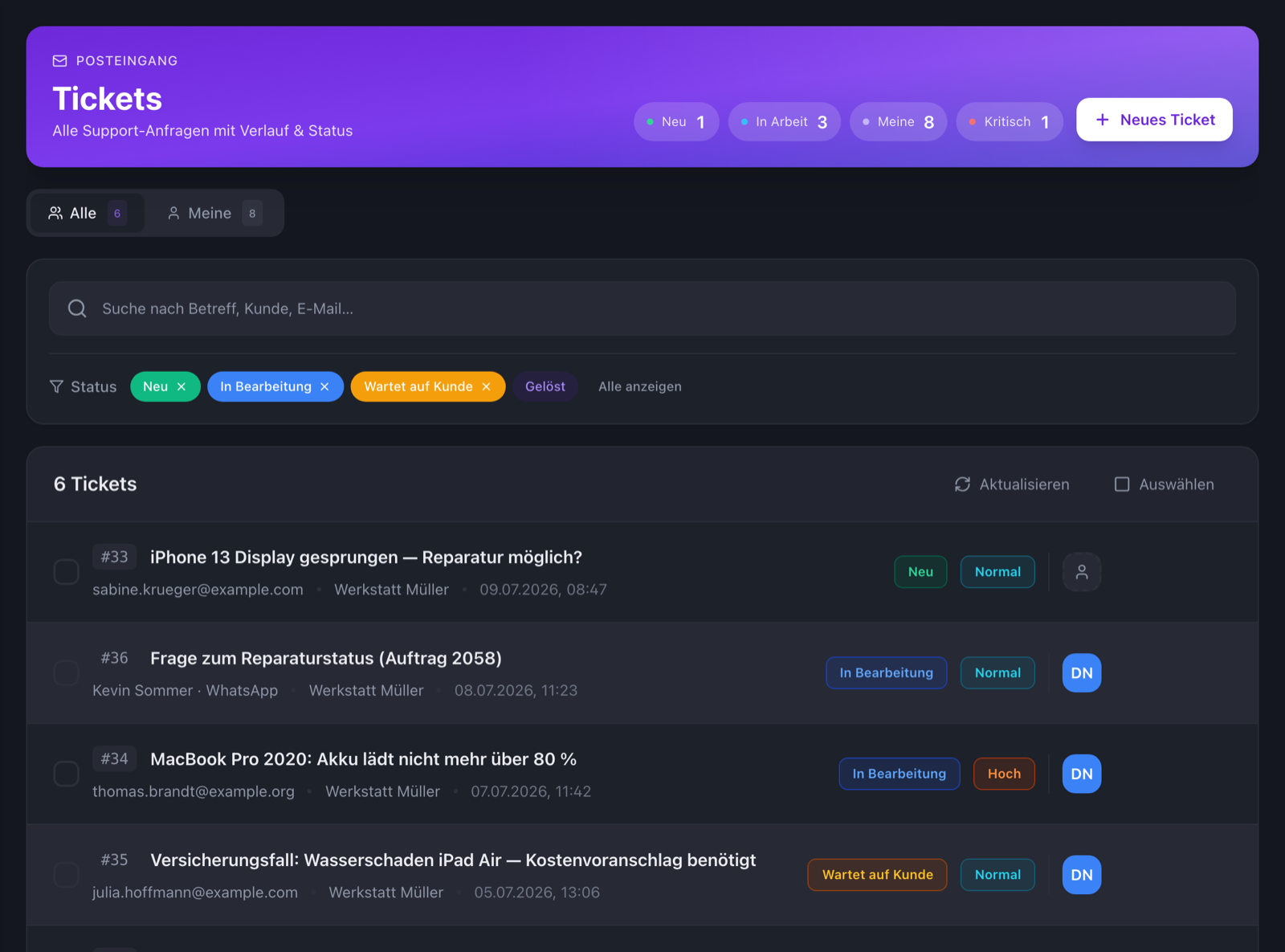 TicketBase Posteingang: Ticket-Liste mit Status, Priorität und Filtern